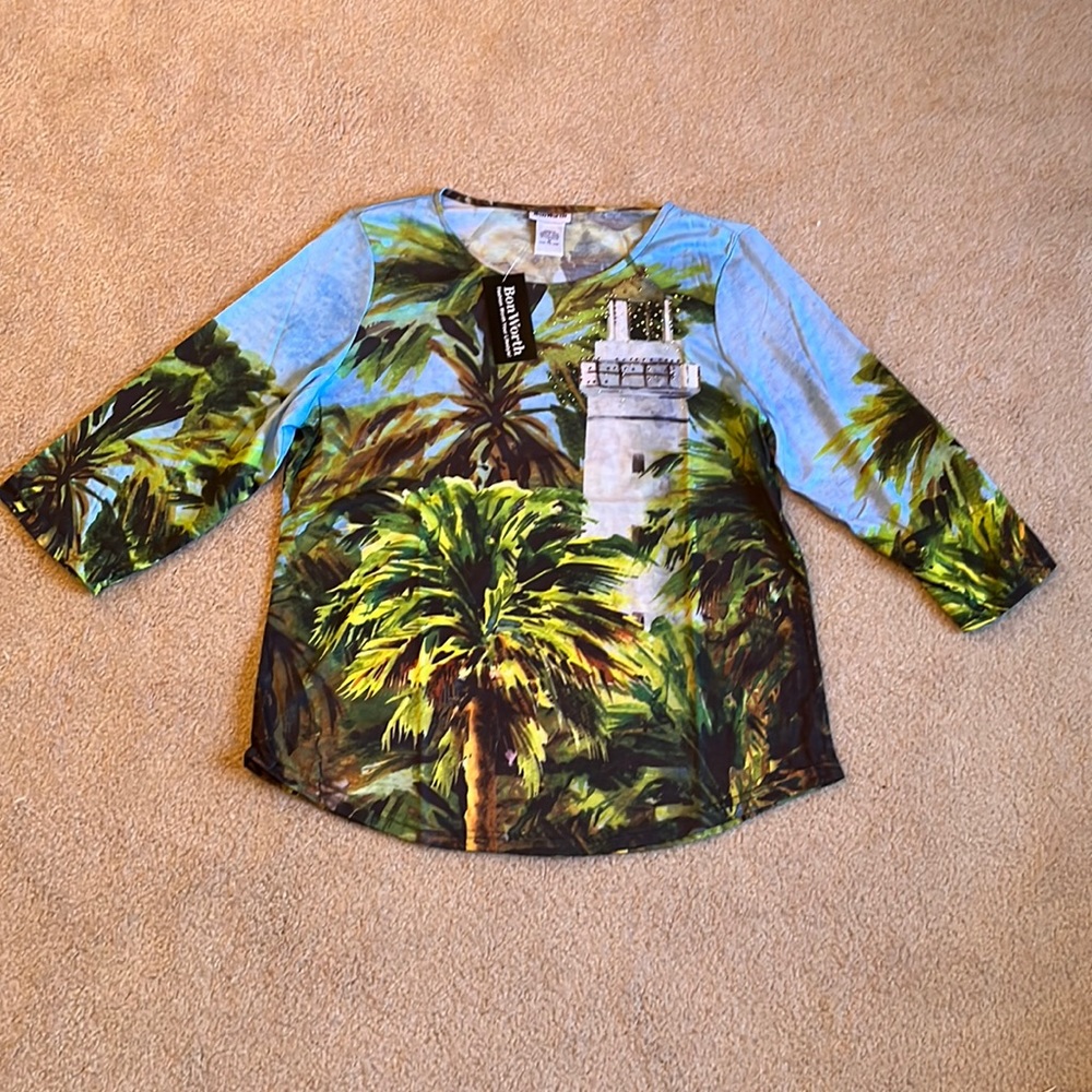 NWT Bon Worth tropical, lighthouse top, 3/4 sleeves, size MED